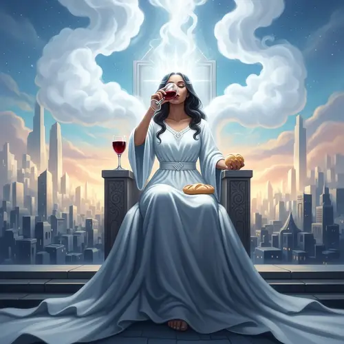Ethereal Woman Communing in Mystical City with Holy Spirit Imagery