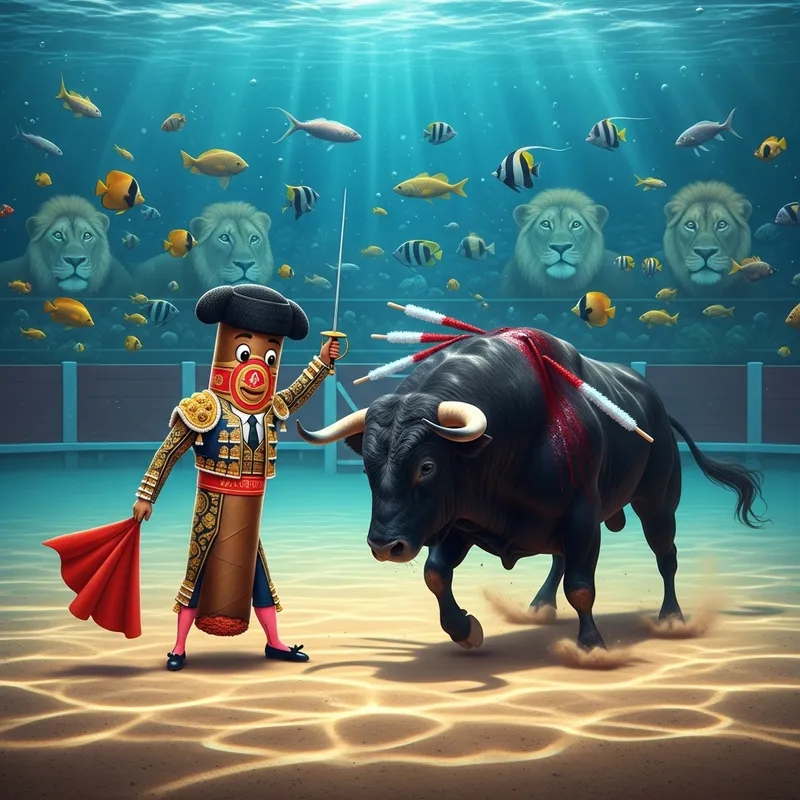 Matador Bullfight - Surreal Underwater Scene with Blood, Fish, and Lions