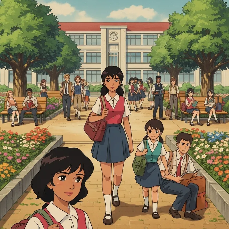 School Garden Story: Young South Asian Protagonist in Vintage Anime