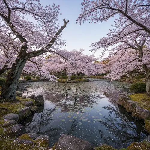 Tranquil Japanese Pond with Cherry Blossom Trees