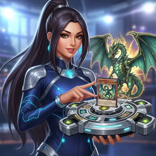 Beautiful Girl with Dueling Disc and Dragonmaid Card