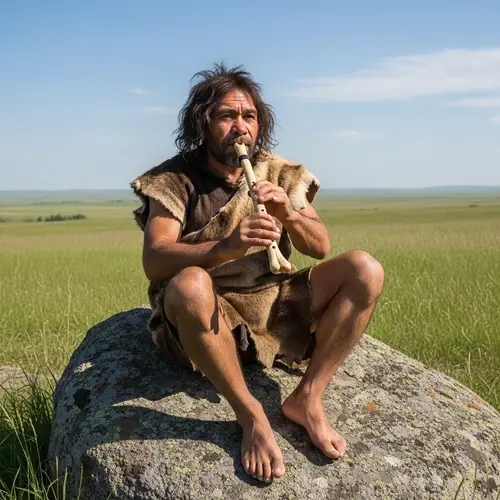 Caveman Playing Ancient Flute | Open Plains Landscape