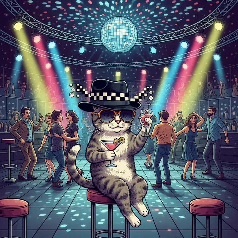 Crazy Cat in Disco: Cocktail Fun & Absurd Elegance