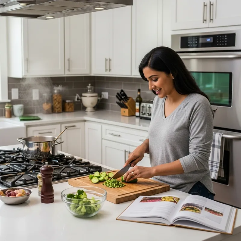 Woman Chopping Fresh Vegetables in Modern Kitchen Woman Chopping Fresh Vegetables in Modern Kitchen