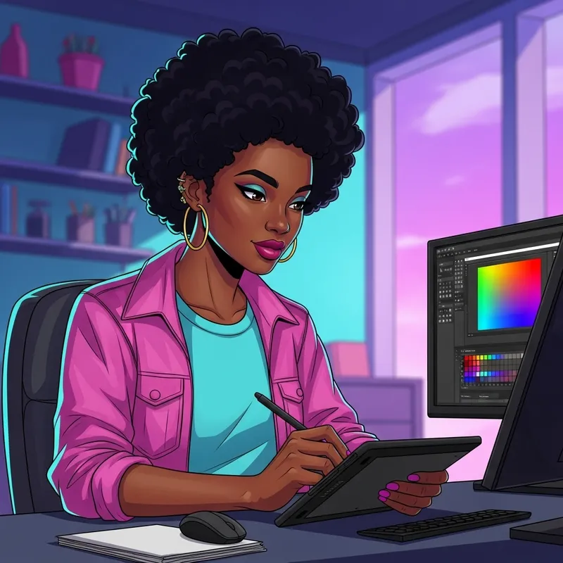 Stunning Black Woman in Modern Cyberpunk Office Illustration Stunning Black Woman in Modern Cyberpunk Office Illustration