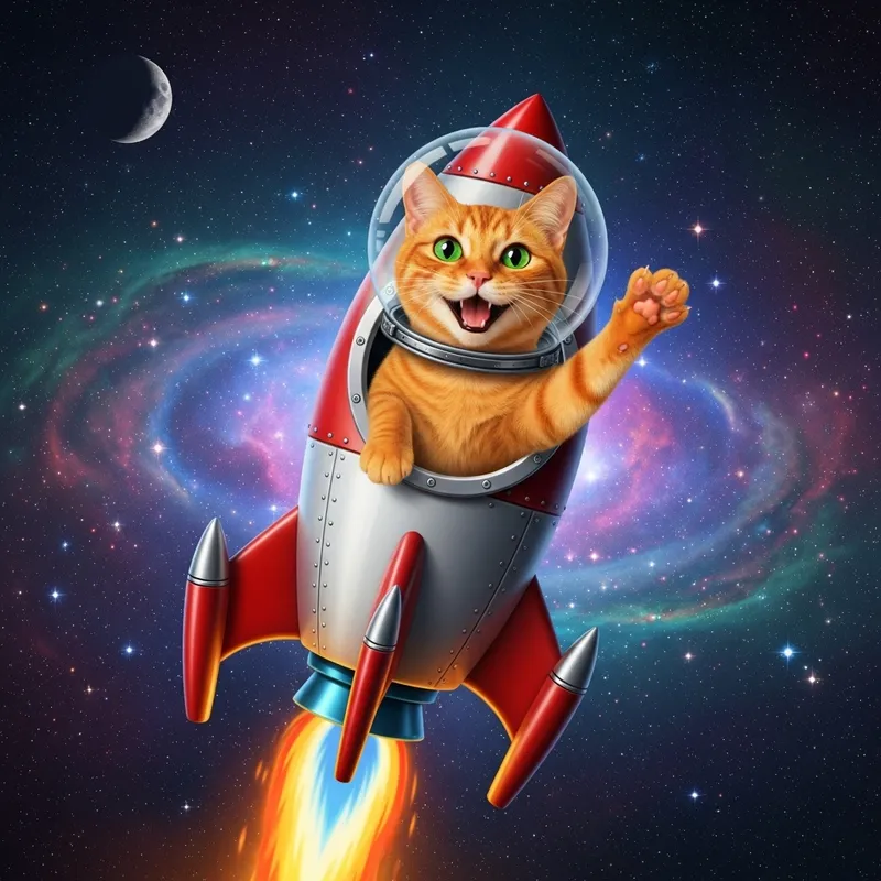 Orange Cat in Space Suit Smiling and Waving while Flying on Rocket