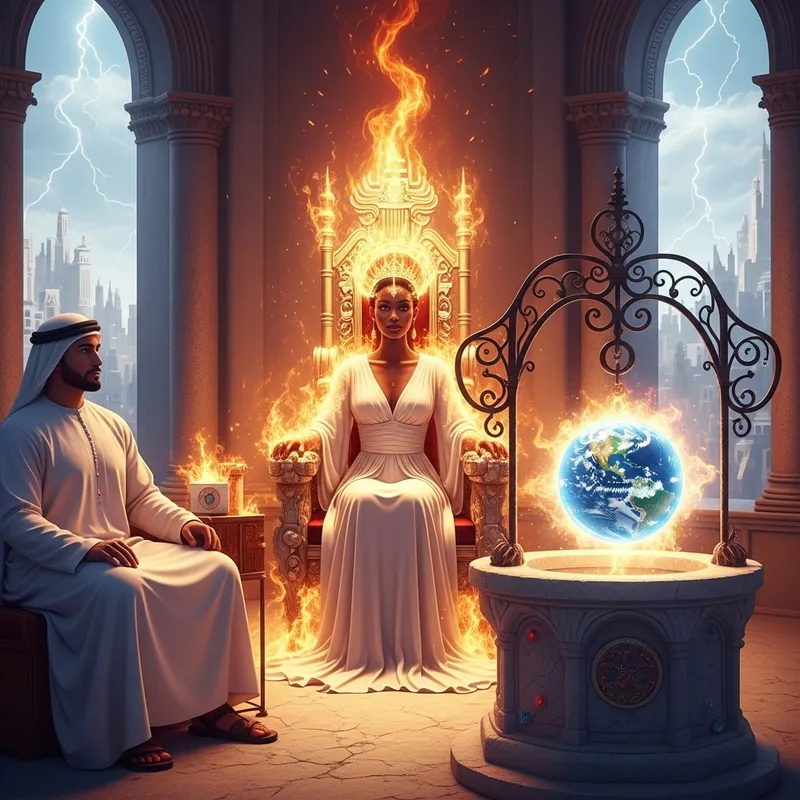 Radiant Black Woman in Flowy White Dress | Fire Aura and Divine City Imagery