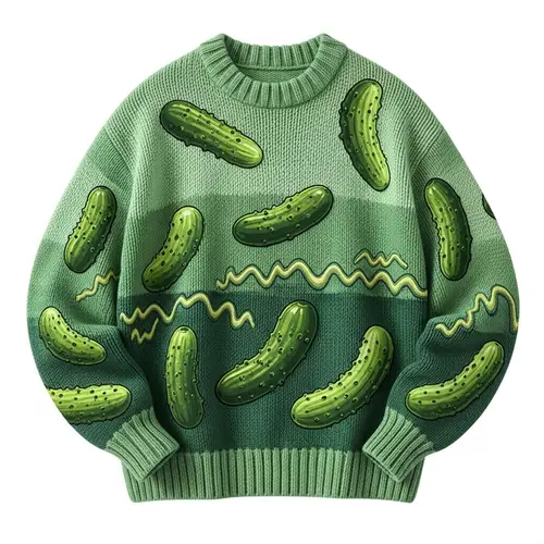 Cozy Winter Sweater with Playful Pickle Pattern | Green Shades