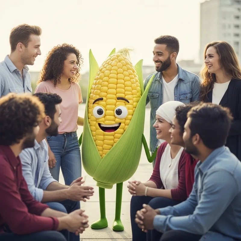 Lively Corn Cob Hanging Out with Diverse Group of Friends