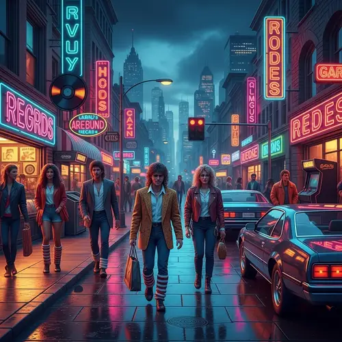 Vibrant Retro 80s Street Scene: Neon Signage, Vinyl Records & Arcade Games