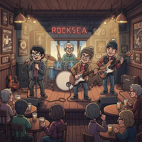 Elderly Rock Band Cartoon Illustration at Quaint Bar