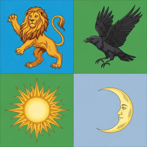 Quarterly Family Crest with Lion, Raven, Sun & Moon