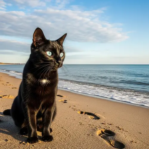 Black Cat with Blue Eyes on Beach - Curious Gaze at Rippling Waves