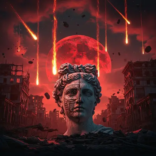 Hyperrealistic Antique Statue in Post-Apocalyptic City