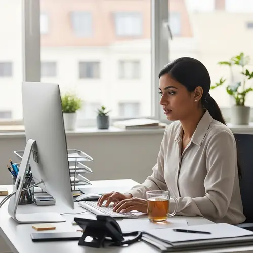 Dedicated South Asian Woman Working in Modern Office Environment
