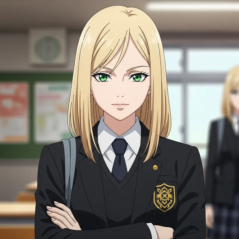 Blonde Woman in Unique School Uniform | Striking Facial Features