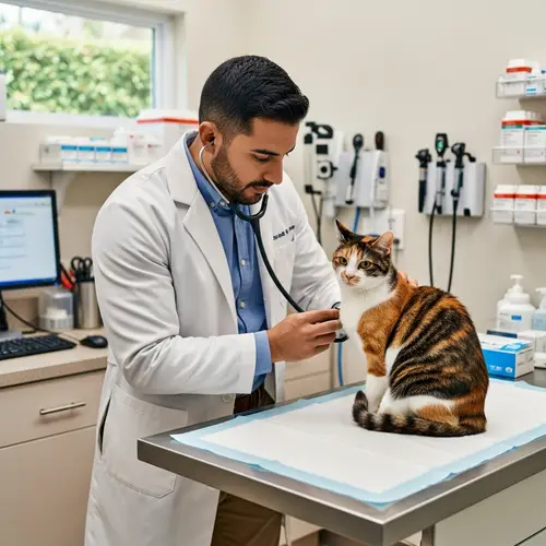 Hispanic Male Veterinarian Caring for Calico Cat | Vet Clinic