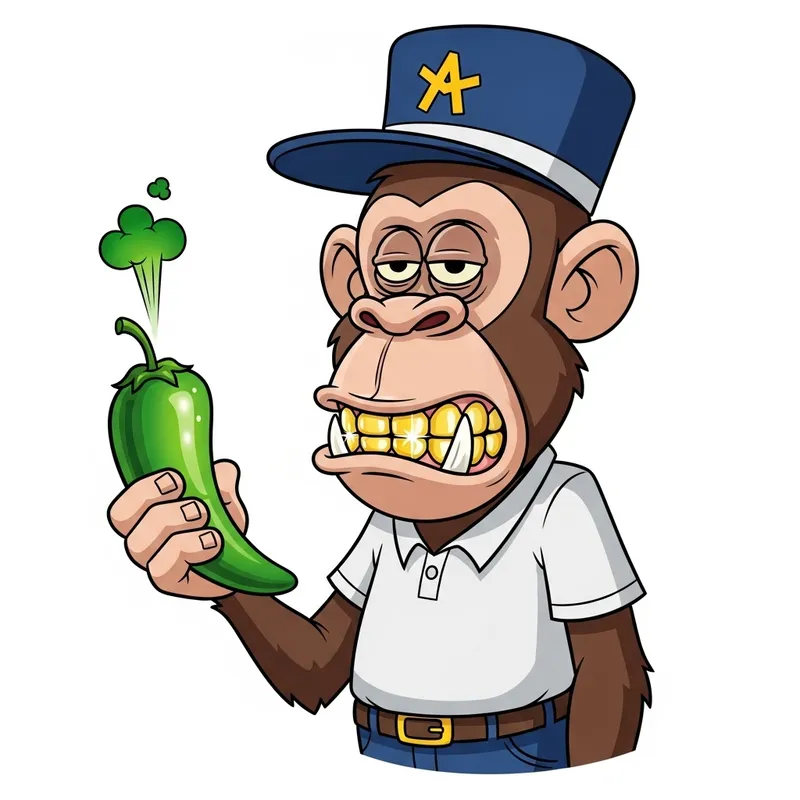 Bored Cartoon Ape with Shiny Gold Teeth Holding a Colorful Jalapeño Cartoon