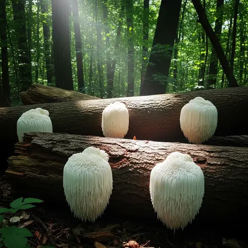 Lions Mane Mushroom Growing on Logs in Woods