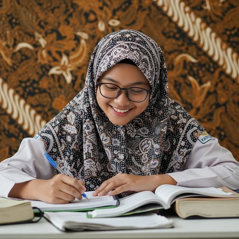 Indonesian Student in Hijab Studying with Traditional Batik Background