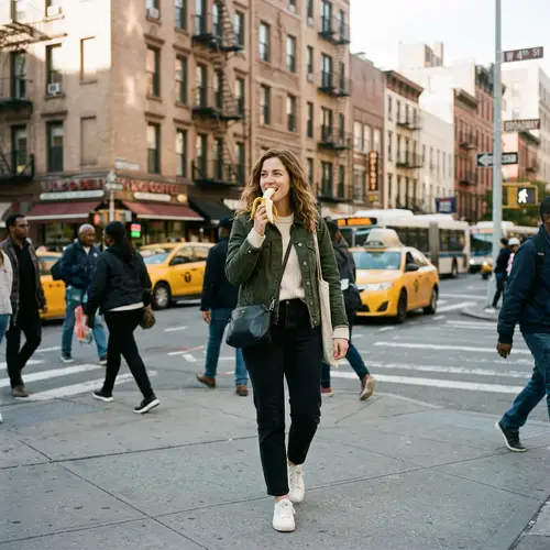 Beautiful Woman Eating Banana in New York Street