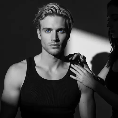 Intimate Moment: Muscular Man Black and White Studio Portrait