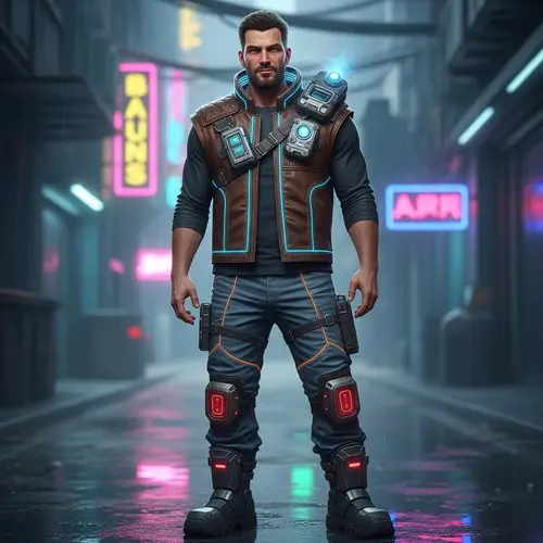 Rugged Cyberpunk Male Character in Brown Leather Vest & Blue Jeans
