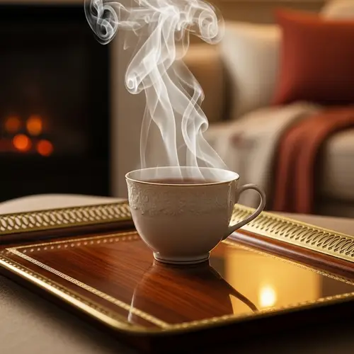 Steaming Cup of Tea on Ornate Tray