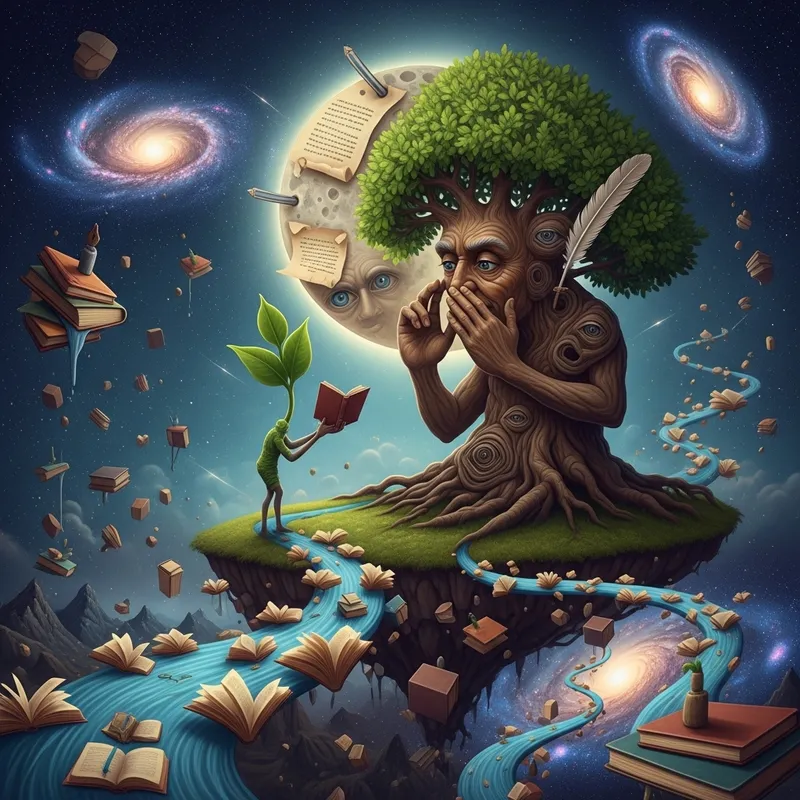 Surrealism Mentorship: Elder Tree Sharing Wisdom with Young Sprout