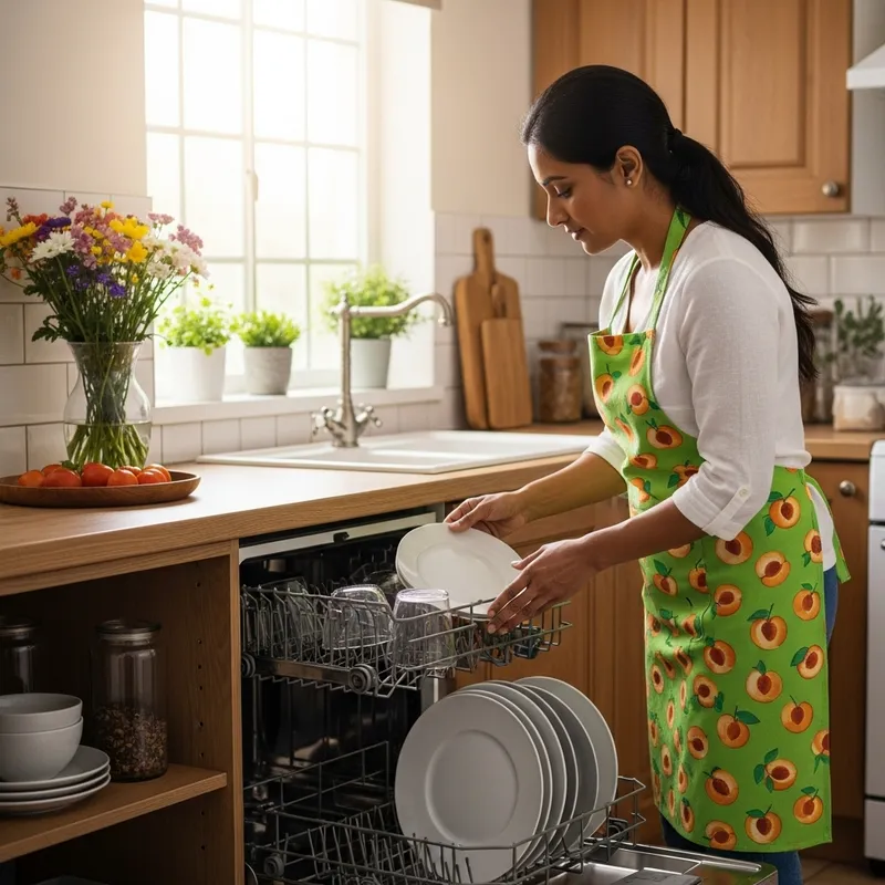 South Asian Woman Unloading Dishwasher in Cozy Kitchen