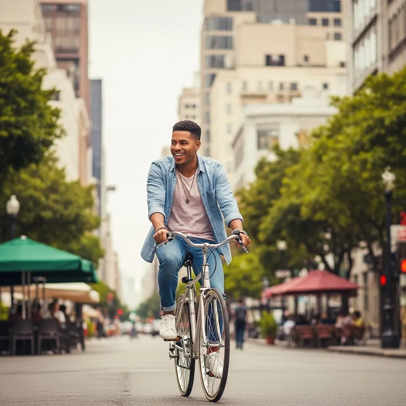 Hispanic Male Singer Riding Vintage Bicycle in Lively City Streets