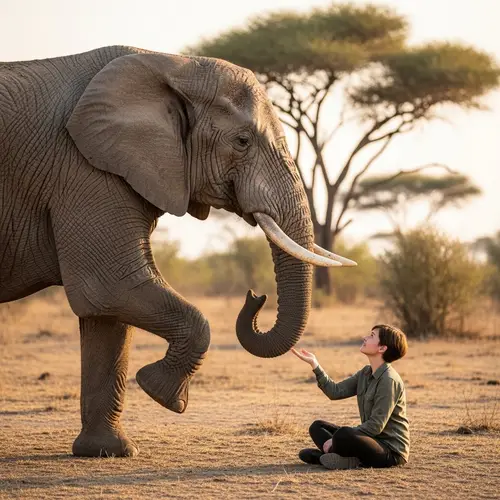 Gigantic Elephant and Person Interaction