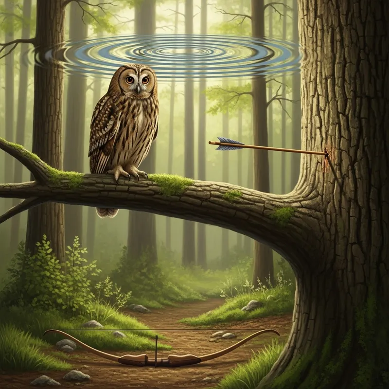 Tranquil Owl Scene with Wave and Arrow - Nature Art