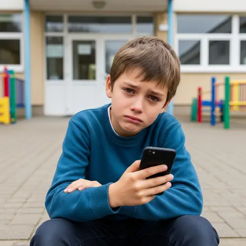Sad Boy at School with Phone | Heartfelt Image