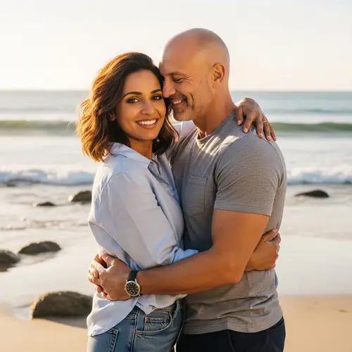 Mid 30-Year-Old Woman Hugging Bald Middle-Aged Man at Beach
