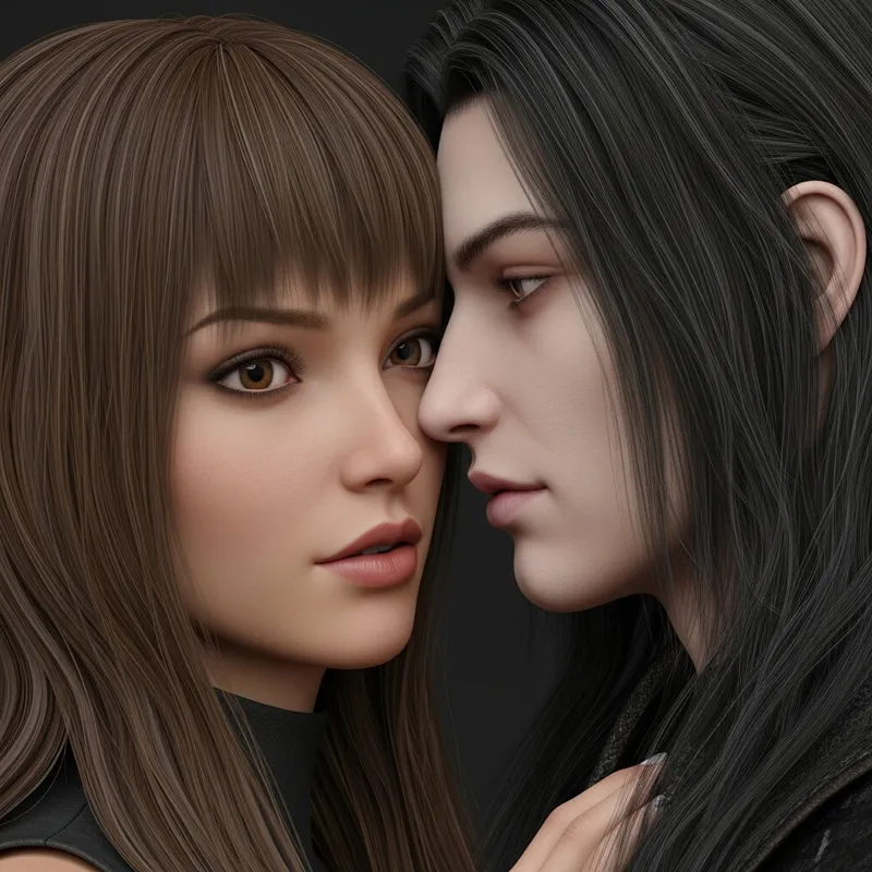 Romantic Scene: Attractive Woman and Mysterious Man in 3D Kiss Moment