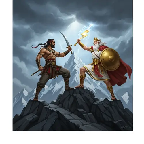 Epic Mythological Battle on Mountain Peak