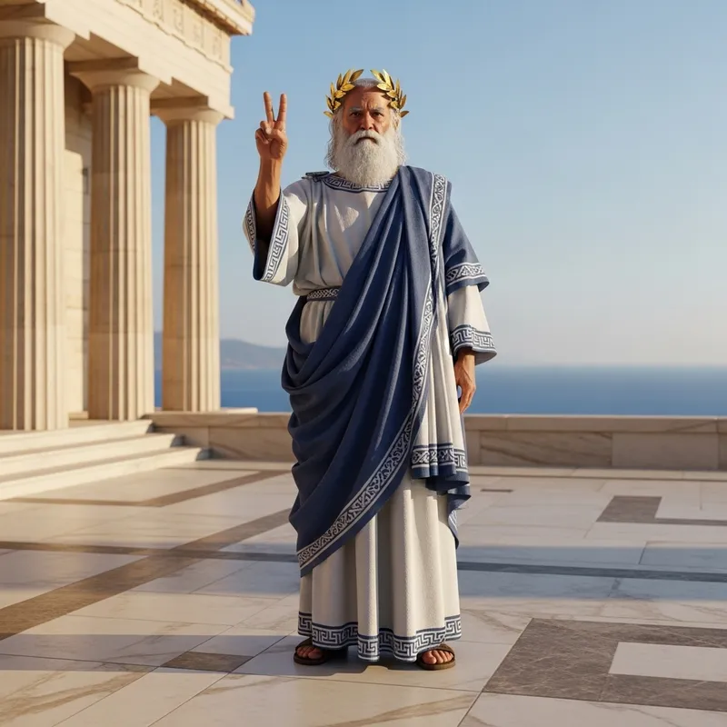 Aristotle Making Peace Sign Gesture in Greek Robes