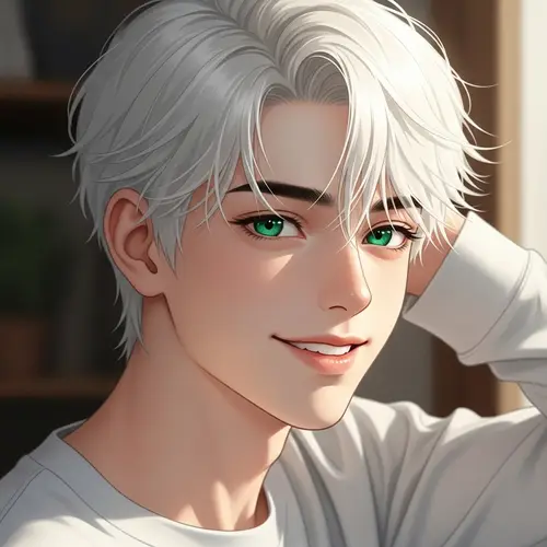 Cute 17-Year-Old Boy with White Hair and Green Eyes