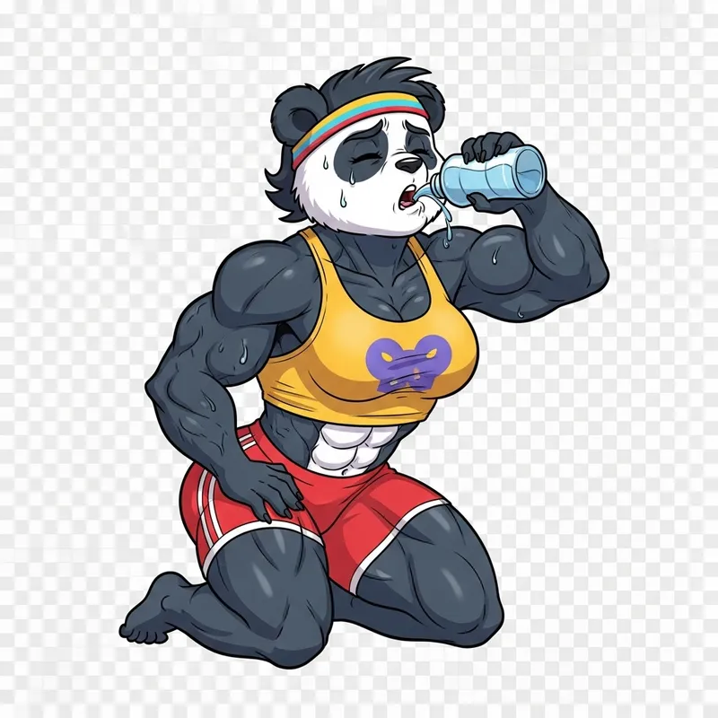 Muscular Cartoon Panda: Thirsty Bodybuilder Artwork Muscular Cartoon Panda: Thirsty Bodybuilder Artwork