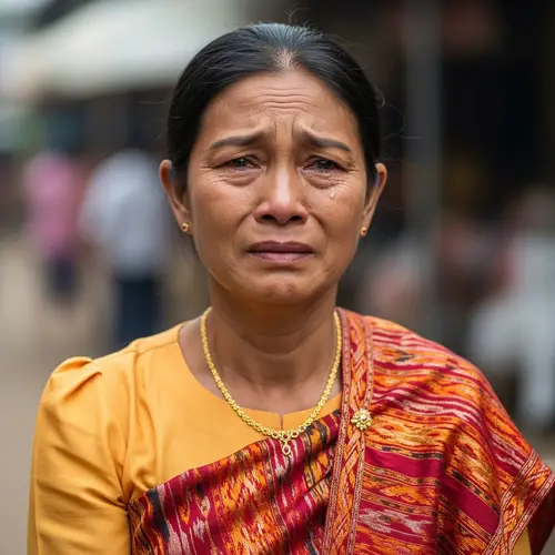 Sorrowful Middle-Aged Burmese Woman in Traditional Outfit