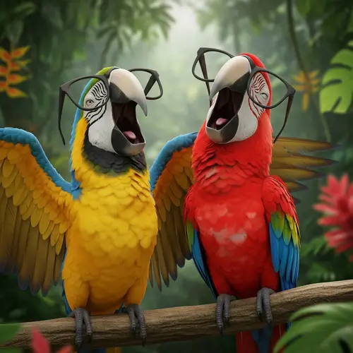 Two Digital Macaws Laughing with Nerdy Glasses