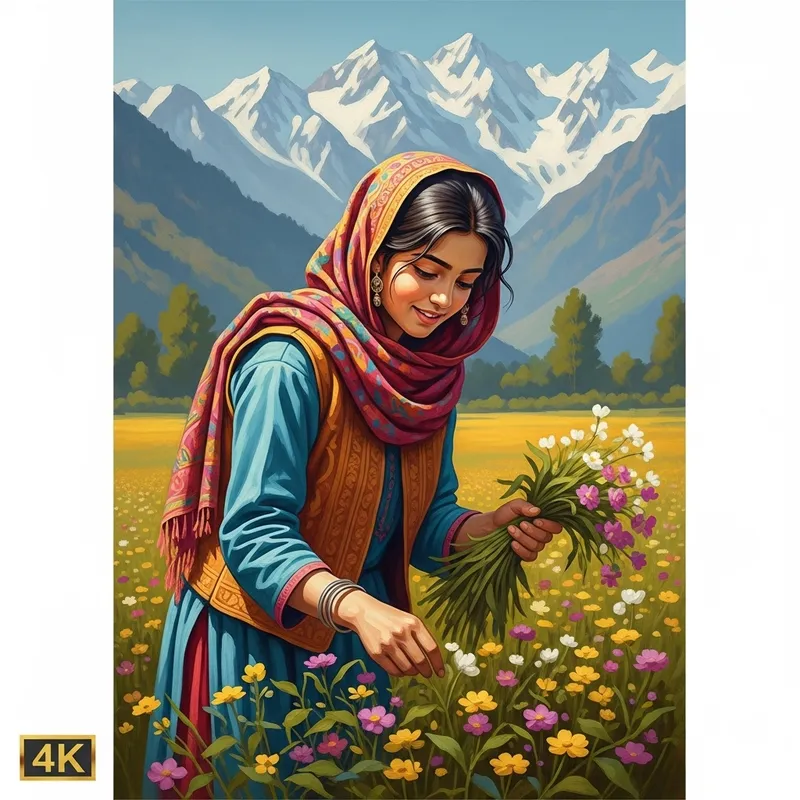 Stunning 4K Oil Painting of a Teenage Kashmiri Girl in Verdant Field