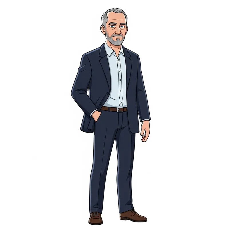 Distinct Caucasion Male, 55 - Calvity, Pepper-Salt Hair, Circular Beard - Walt Disney Style