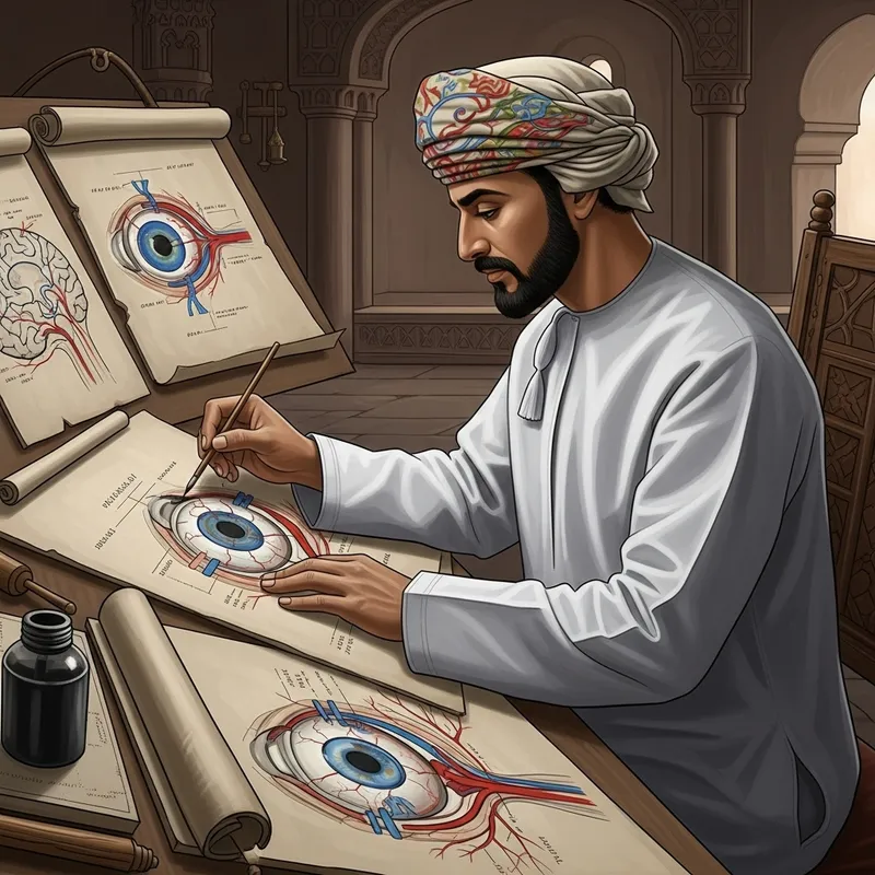 Historical Omani Doctor Drawing Eye Anatomy & Brain Connection