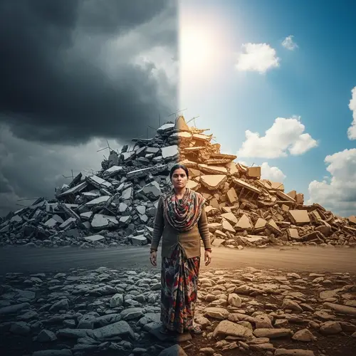 Earthquake Scene with South Asian Woman | Resilience and Strength
