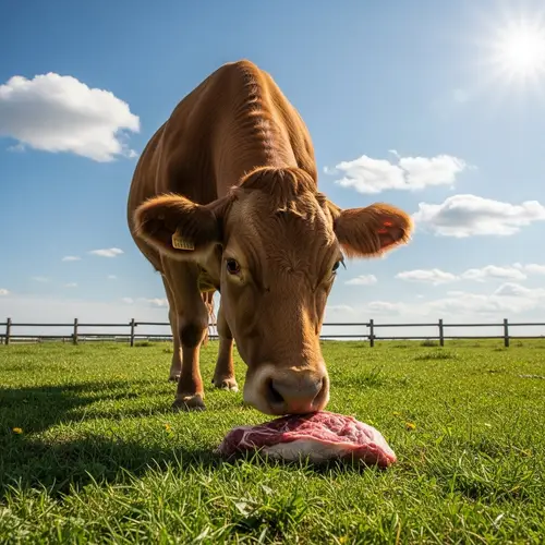 Brown Cow Sniffing Fresh Meat in Lush Pasture