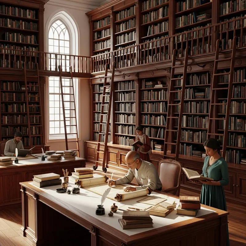 Realistic Library Scene with Mahogany Shelves | Book Lovers Haven