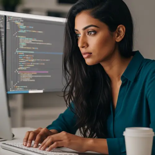 Swarthy Female Programmer Writing Code | Coding Genius