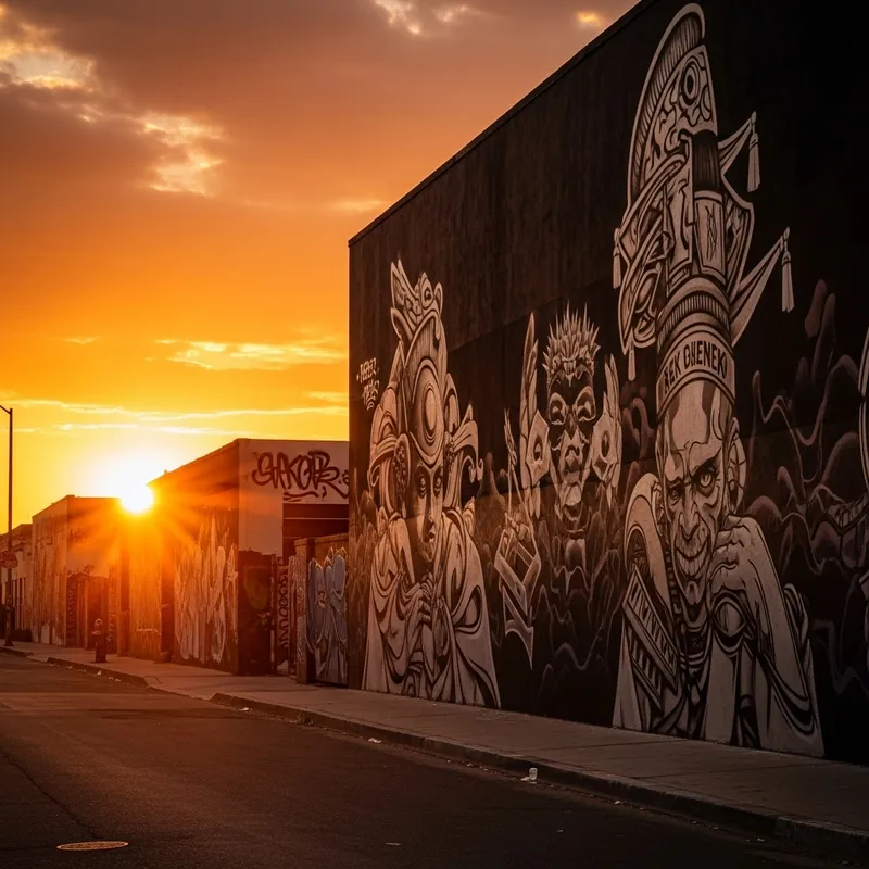 Stunning Urban Sunset: Graffiti Wall in Evening Light